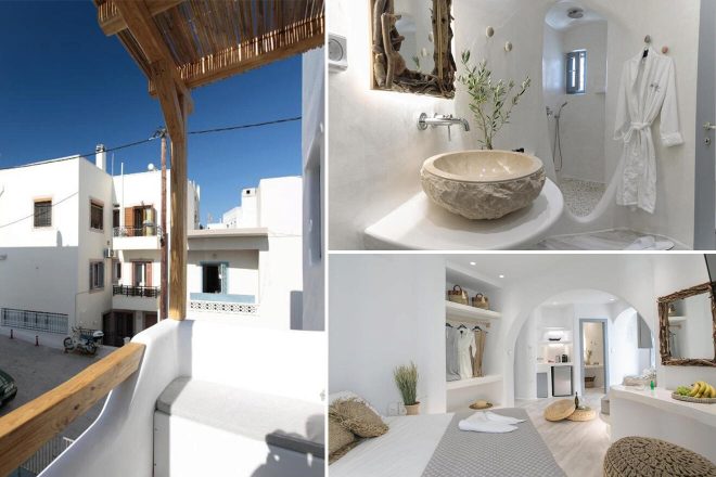 A collage of three hotel photos to stay in Greece: a balcony with a traditional pergola overlooking white-washed buildings, a naturally lit bathroom with a stone basin and a walk-in shower, and a minimalistic bedroom with built-in shelves and a comfortable bed.