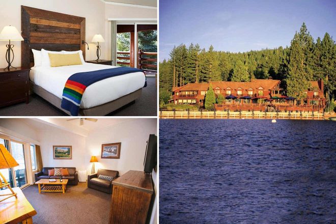 A collage of three hotel photos to stay in Lake Tahoe: a spacious room with a large, rustic bed and a bright, welcoming living room, both with views of the surrounding pine trees, and an image of the hotel's exterior, showcasing its location by the water.