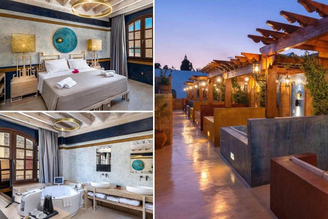 A collage of three hotel photos to stay in Greece: a luxurious bedroom featuring rustic wood furnishings and a unique round mirror, an alfresco shower area illuminated by string lights at dusk, and a relaxing spa bathtub and double sinks in a spacious bathroom with natural textures.