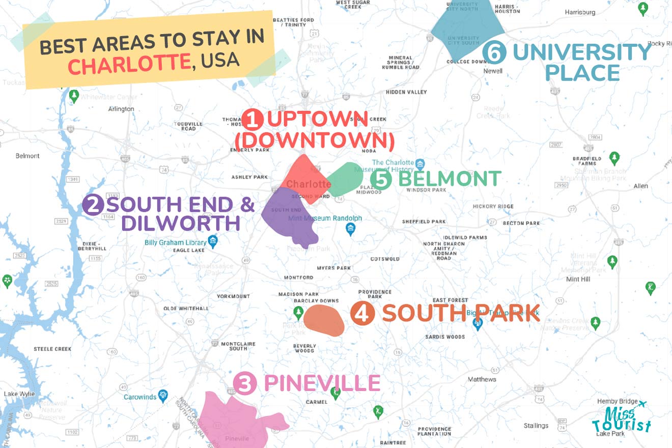 Map of best places to stay in Charlotte