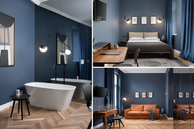 A collage of three hotel photos to stay in Zadar:  A modern bathroom with a freestanding bathtub and minimalist decor, a cozy bedroom with a desk and dark blue walls, and a stylish living area with a leather sofa and wooden flooring.