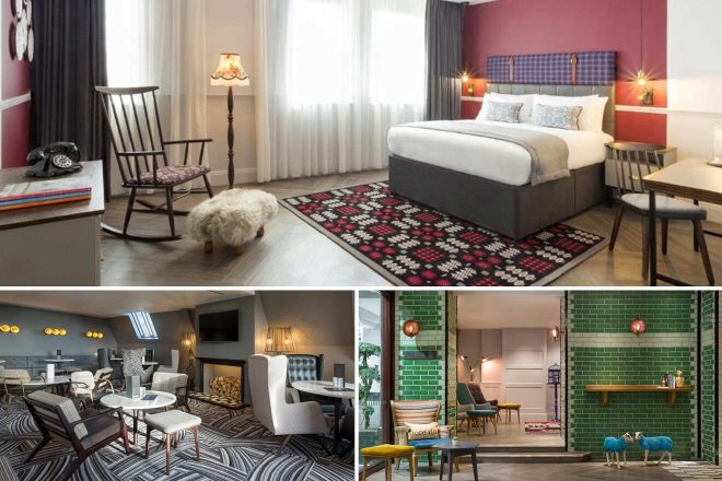 A collage of three hotel photos to stay in Cardiff: a stylish bedroom featuring a plush bed with colorful headboard and a rocking chair, an elegant lounge with patterned carpet and contemporary seating, and a quirky cafe area with a green tiled wall and eclectic furniture.