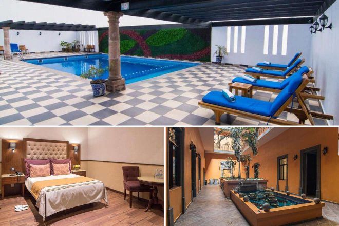 A collage of three hotel photos to stay in Guadalajara: a pool area with a striking black and white checkered floor and blue sun loungers, a classic bedroom with a plush headboard and warm lighting, and a serene courtyard featuring a fountain and lush greenery.