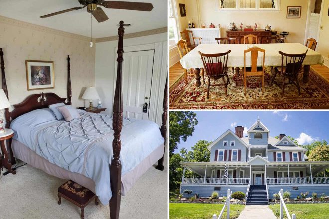 A collage of three hotel photos to stay in the Finger Lakes: a bedroom with an elegant four-poster bed and soft lighting, a traditional dining room with a large rug and wooden chairs, and a stately exterior view of a white house with a wide front porch.