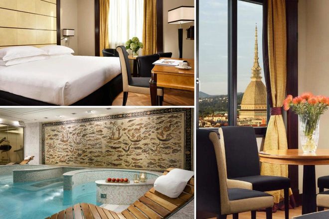 A collage of three hotel photos to stay in Turin: A streamlined bedroom with minimalist decor and city views, a serene spa area with mosaic tiles and a relaxation pool, and an intimate dining area with a view of the Mole Antonelliana.