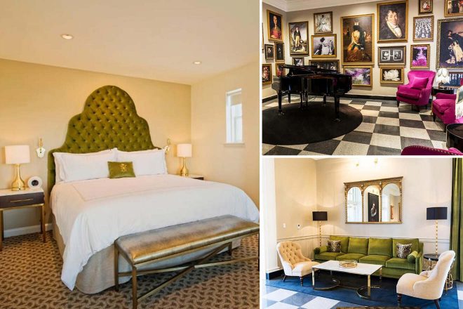 A collage of three hotel photos to stay in Virginia Beach: a cozy bedroom featuring a green tufted headboard and matching bench, a posh music room with grand piano and walls adorned with classic portraits, and a living space with a green velvet couch and elegant mirror