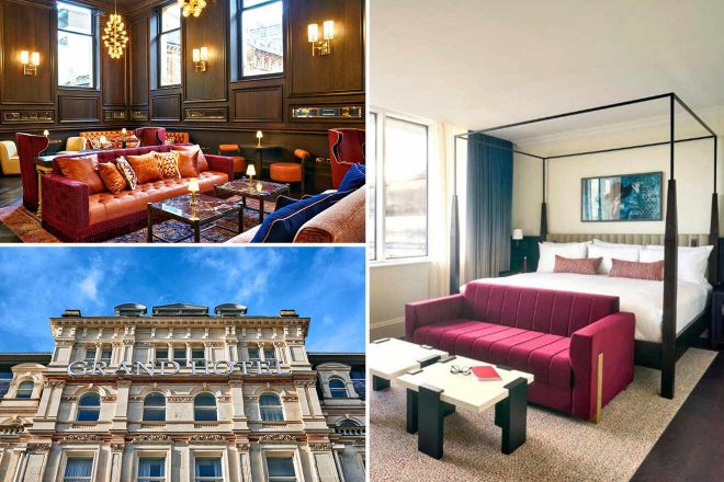A collage of three hotel photos to stay in Birmingham: an opulent lounge with a classic red leather couch and dark wood paneling, a minimalist bedroom featuring a four-poster bed and modern art, and the grand facade of the Grand Hotel with ornate stone carvings.