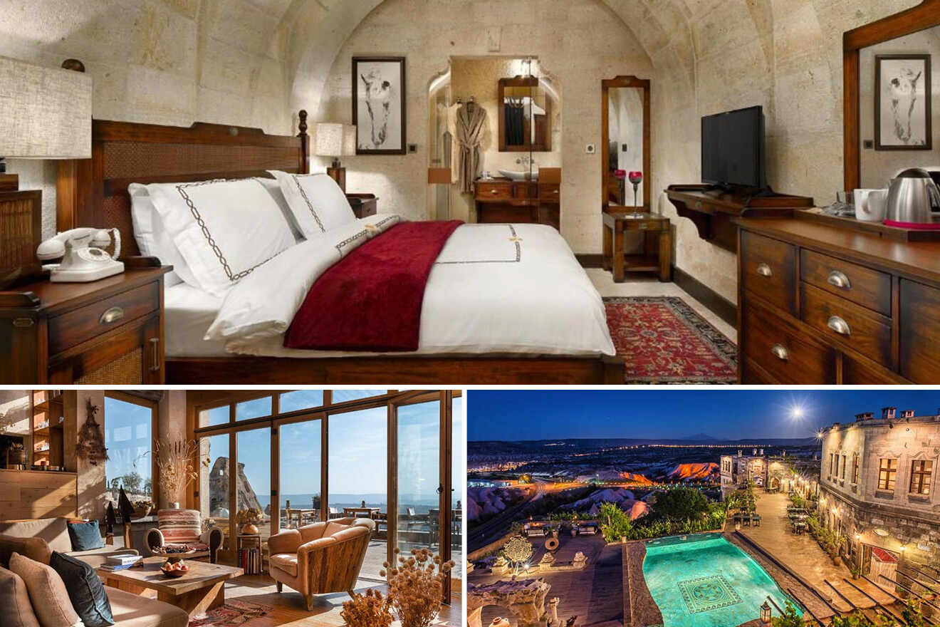 A collage of photos form a Cappadocian cave hotel