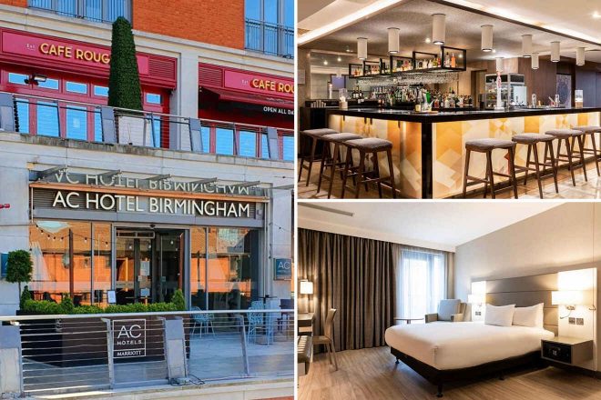 A collage of three hotel photos to stay in Birmingham: the exterior of AC Hotel Birmingham with a sleek modern entrance, a cozy hotel bar with contemporary stools and a well-stocked counter, and a spacious room with simple decor and a large, inviting bed.