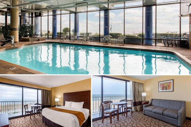 A collage of three hotel photos to stay in Virginia Beach: an indoor pool enclosed by floor-to-ceiling windows with a beach view, a beachfront room with balcony seating and a sofa area, and a contemporary living room with stylish furniture and wall art.