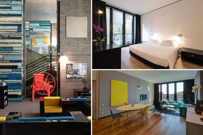 A contemporary hotel ambiance in Turin featuring an eclectic lobby with modern art, a minimalist bedroom with street views, and a vibrant dining area with colorful furniture.
