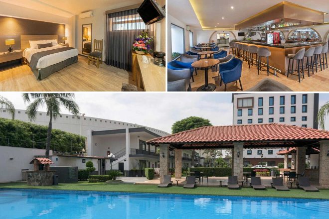 A collage of three hotel photos to stay in Guadalajara: a sleek room with a modern gray-toned decor, a cozy bar area with blue seating, and an outdoor pool surrounded by loungers and a manicured lawn under a terracotta roof.