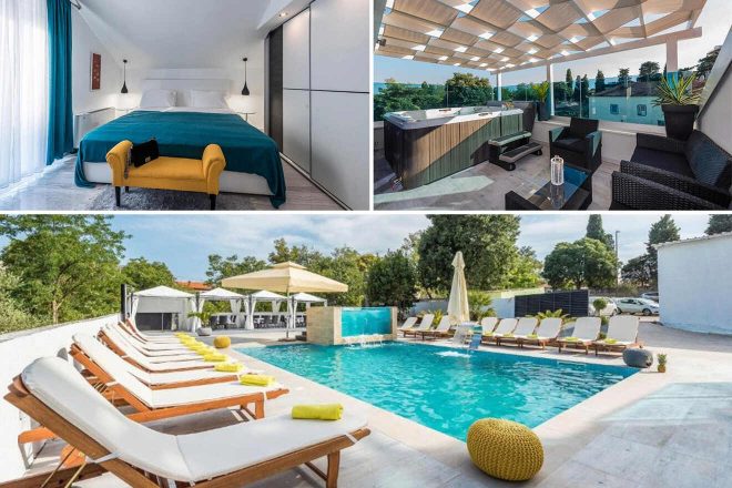 A collage of three hotel photos to stay in Zadar:  A bright bedroom with a teal bedspread and a small yellow bench, a rooftop terrace with a hot tub and seating area, and a pool area with sun loungers and umbrellas.