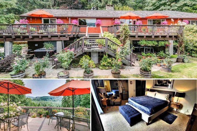 A collage of three photos for a stay in Olympic National Park: a vibrant red-roofed lodge with an inviting deck surrounded by potted plants, a panoramic view of the landscape with outdoor seating under red umbrellas, and an elegant bedroom with a plush bed, navy accents, and a window-side seating area.
