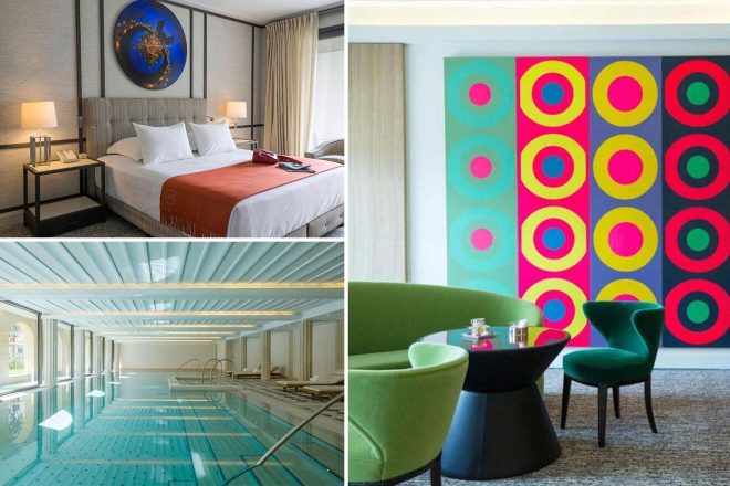 A collage of three images displaying the elegance of a hotel in Lyon: a sophisticated room with a large world map art piece, a lively area with bold, colorful wall art and plush seating, and an inviting indoor pool with a sleek, striped ceiling design