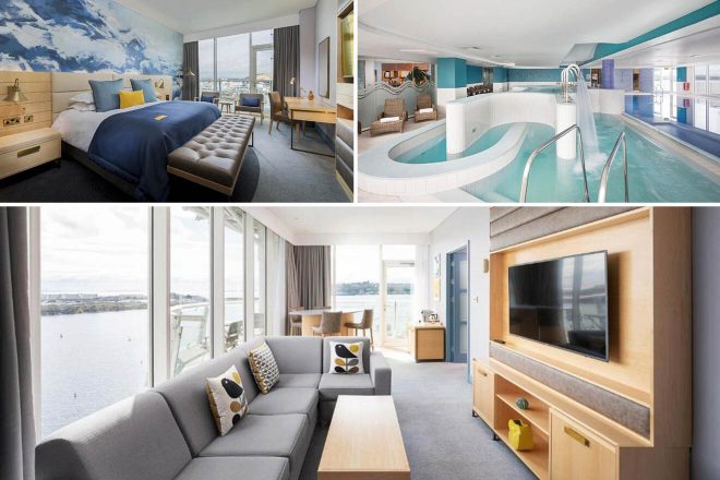 A collage of three hotel photos to stay in Cardiff: a luxurious bedroom with an oversized bed and scenic window views, a living area with a modern sofa overlooking the waterfront, and a curvaceous indoor pool with blue tiles and comfortable lounge chairs.