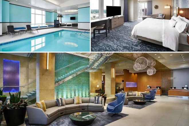A collage of three hotel photos to stay in Virginia Beach: an indoor pool with serene blue lighting and lounge chairs, a spacious bedroom with a large bed and modern decor, and a luxurious hotel lobby with unique lighting fixtures and a stylish seating area.
