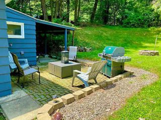 Outdoor patio area with barbecue grill, fire pit, and seating, surrounded by lush greenery.
