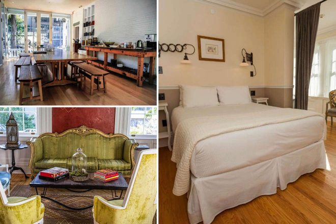 A collage of three hotel photos to stay in the Finger Lakes: an expansive dining area with wooden tables and large windows, a cozy bedroom with neat bedding and ambient lighting, and a classic living room featuring an ornate green sofa and vintage chairs.