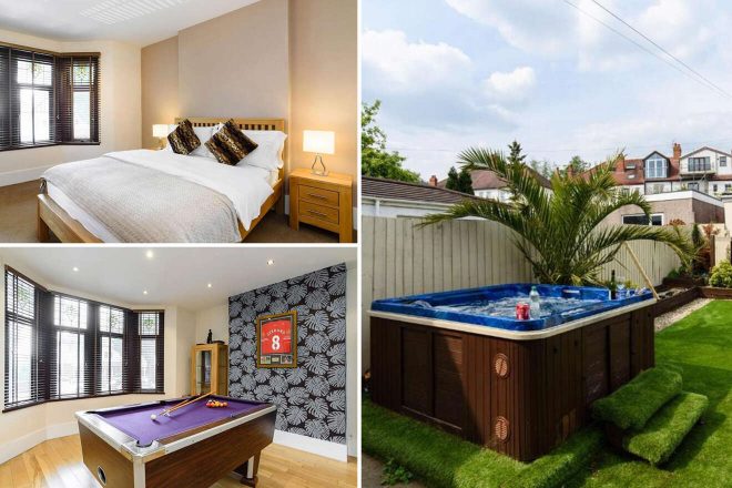 A collage of three hotel photos to stay in Cardiff: a simple bedroom with neutral tones and ample lighting, a game room with a purple pool table and modern wallpaper, and an outdoor hot tub surrounded by lush greenery and privacy fencing.