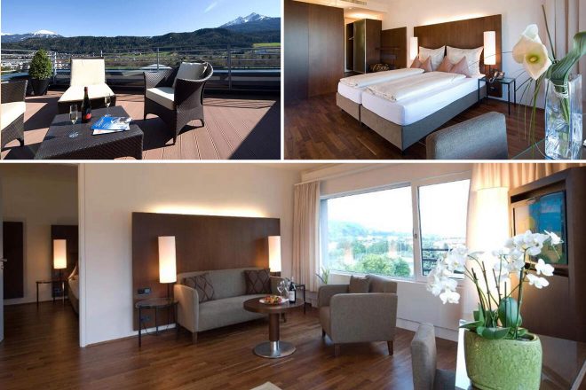 A collage of three hotel photos to stay in Innsbruck: an outdoor terrace with furniture and a scenic mountain view, a twin bedroom with a sophisticated interior, and a living room with a sofa and large windows offering ample sunlight.