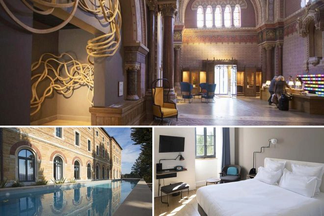 A collage of three hotel photos to stay in Lyon: an artistic sculpture in an opulent hotel lobby, a serene outdoor pool by an ancient brick building, and a neat, modern room with minimalist furnishings and ample daylight.