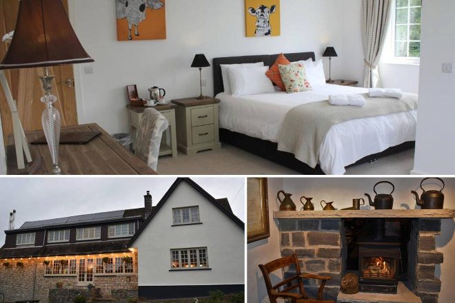 A collage of three hotel photos to stay in Cardiff: a quaint bedroom with country-style decor and artwork, the exterior of a charming white building with warm lights and solar panels, and a rustic fireplace setting with antique kettles and a wooden chair.