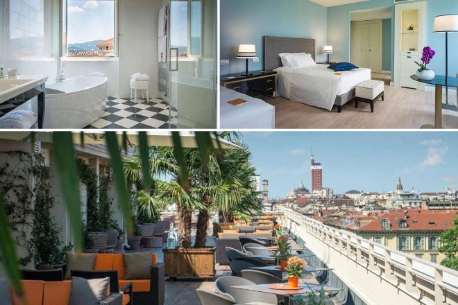 A collage of three hotel photos to stay in Turin: A luxurious bathroom with a freestanding bathtub and checkered floor, a spacious bedroom with contemporary decor and a pop of orchid purple, and a rooftop terrace lounge with plush seating and panoramic views of Turin's skyline.