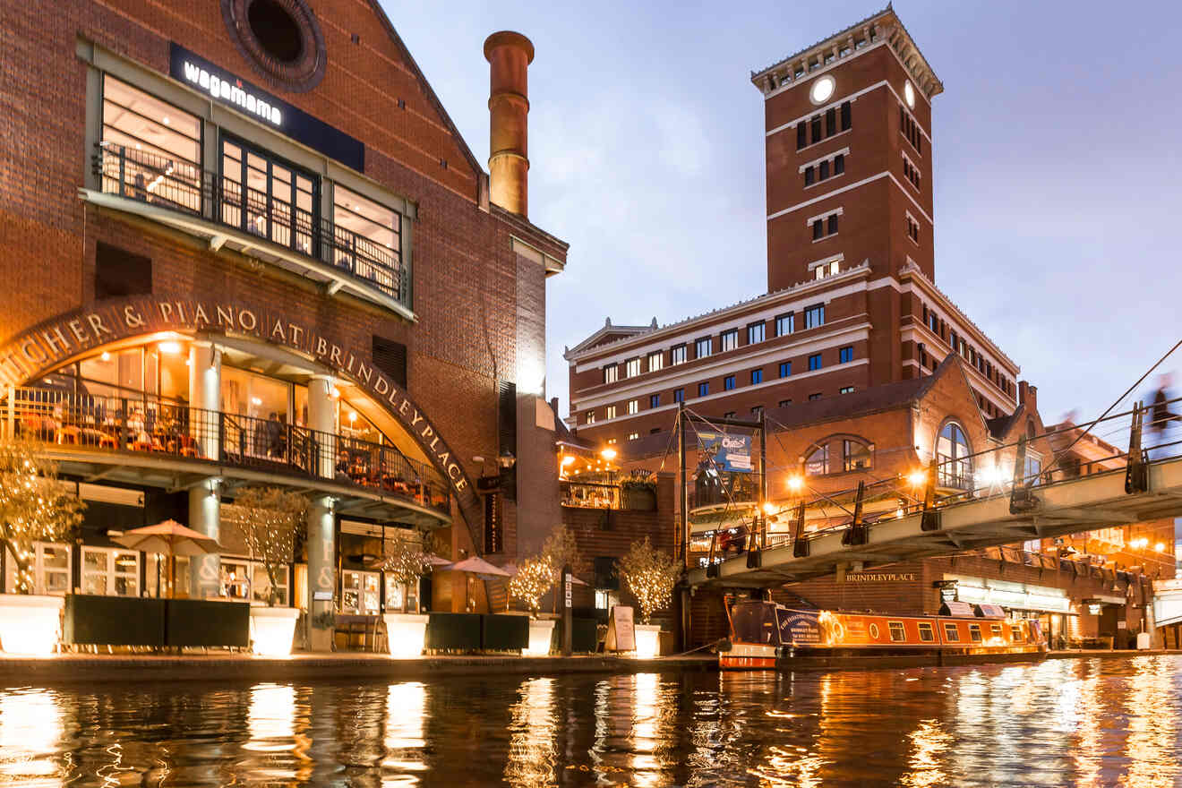 Evening view of a waterside dining area at Brindleyplace, with illuminated buildings reflecting on the canal's surface, creating a romantic ambiance