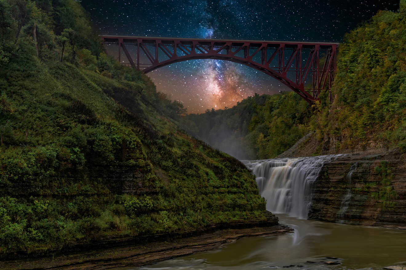 Night scene of a galaxy above a waterfall and a red bridge, merging natural and cosmic beauty