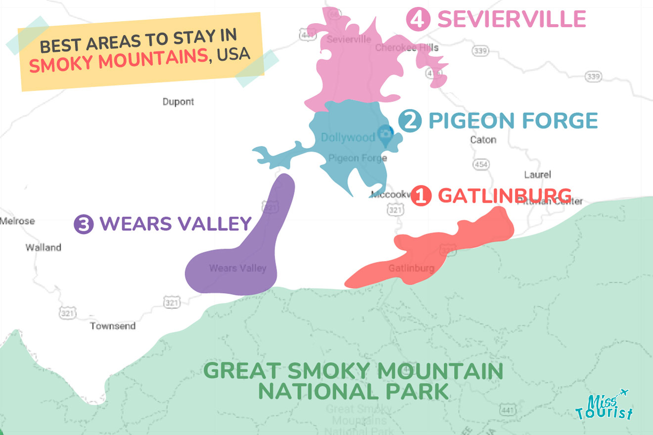 Map of best places to stay in Smoky Mountains