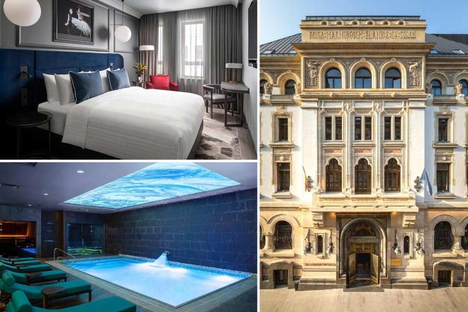 A collage of three hotel photos to stay in Bucharest: a luxurious bedroom with a blue headboard and elegant artwork, an exterior view of a grand historic building with ornate architectural details, and a serene hotel indoor pool under a starry ceiling.