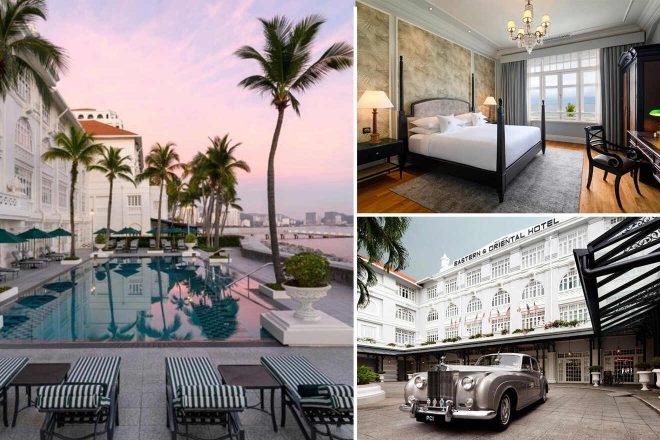 Collage of 3 pics of luxury hotel: a pool area with lounge chairs and palm trees, a luxurious bedroom, and the hotel's exterior featuring a vintage car.