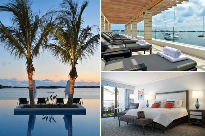 Collage of 3 pics of luxury hotel in Hamilton Bermuda: a pool with palm trees, lounge chairs overlooking a marina, and an interior of a modern bedroom with a large bed and seating area.