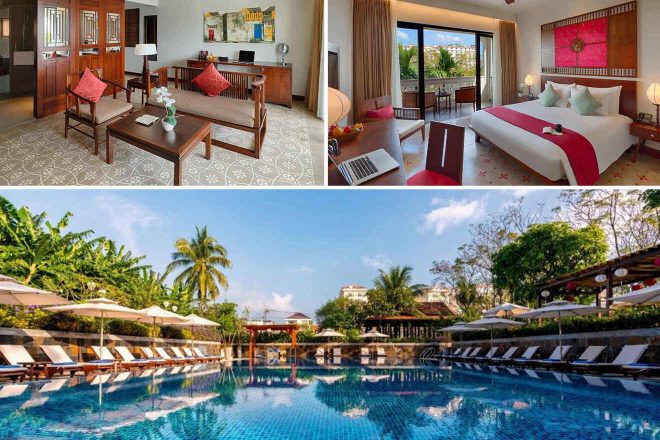 Collage of 3 pics of luxury hotel in An Hoi Hoi An: a suite with modern decor, a living area, a bedroom with a balcony, and an outdoor pool surrounded by lounge chairs and tropical foliage.