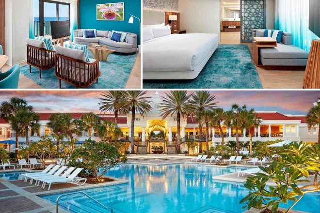 Collage of 3 pics of luxury hotel: a living room, bedroom, and outdoor pool area with lounge chairs and palm trees.