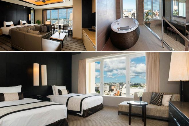 Collage of 3 pics for Luxury hotel in Naha: A modern hotel suite featuring a spacious living area with a city view, a bathroom with a round bathtub, and a bedroom with two single beds and a seating area overlooking a cityscape.