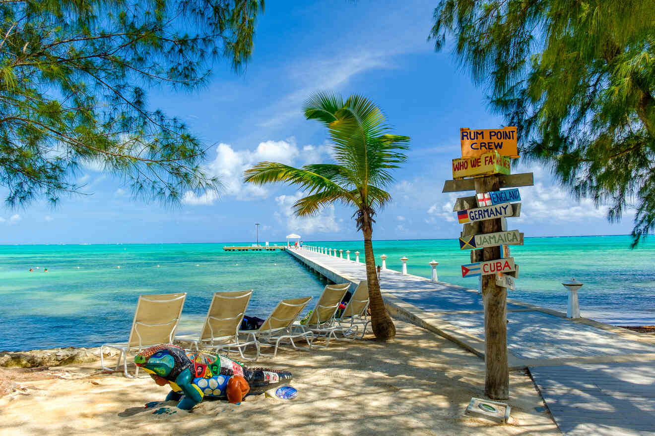 A tropical beach scene with lounge chairs facing a pier extending into clear turquoise water. A signpost displays various destinations. A hammock and a painted iguana statue are visible in the foreground.