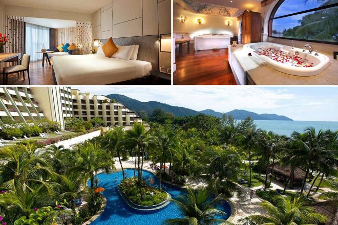 Collage of 3 pics of luxury hotel: hotel room with modern decor, a bathroom with a luxurious bathtub, and an outdoor area featuring a pool surrounded by palm trees with a view of the sea and hills.