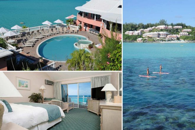 Collage of 3 pics of luxury hotel in Hog Bay Bermuda: a resort with a pool by the ocean, a view of the resort from the water, and a hotel room with a balcony overlooking the sea. Two people paddleboard in the clear blue water.