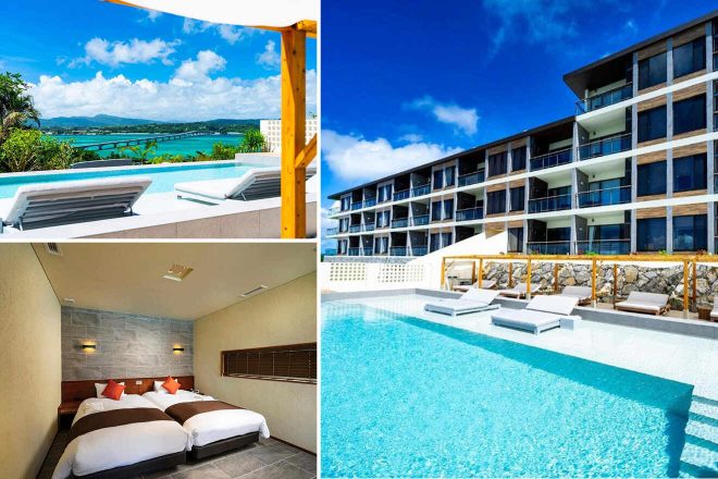 Collage of 3 pics for Luxury hotel in Nakijin: a large outdoor pool, sun loungers overlooking a scenic shoreline, and a modern guest room with twin beds and plush linens.