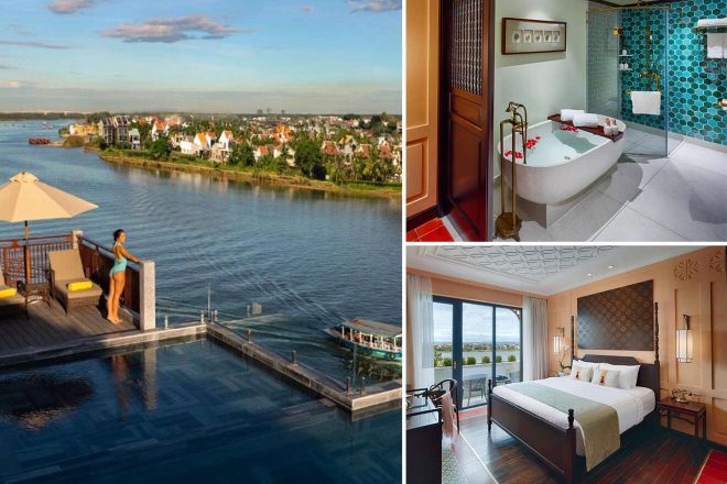 Collage of 3 pics of luxury hotel in Cam Chau Hoi An: a person at an infinity pool overlooking a river and town, a bathroom with a bathtub and shower and a bedroom with a large bed and large window.