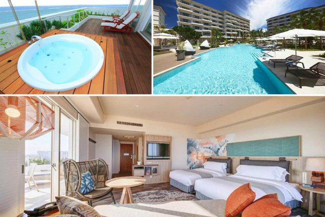 Collage of 3 pics for Luxury hotel in Ishigaki: a jacuzzi on a balcony with an ocean view, a large outdoor pool with loungers, and a modern hotel room with two beds and seating area.