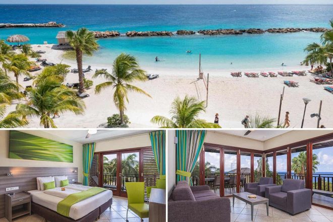 Collage of 3 pics of luxury hotel: tropical beach with palm trees and white sand, bedroom and another with a living area, both decorated in green and brown tones.