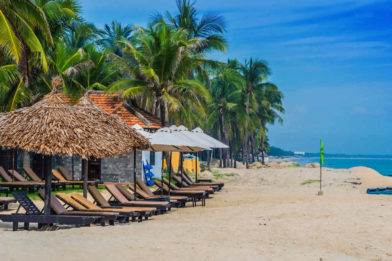 A row of empty lounge chairs with straw and white umbrellas are lined up on a sandy beach with palm trees and small huts in the background. The sky is clear and blue.