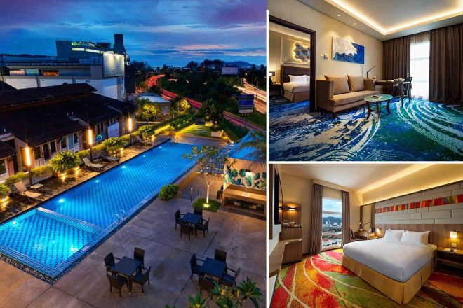 Collage of 3 pics of luxury hotel: an outdoor pool with seating area and scenic views; two interior images show modern, well-furnished rooms with colorful carpets and contemporary decor.