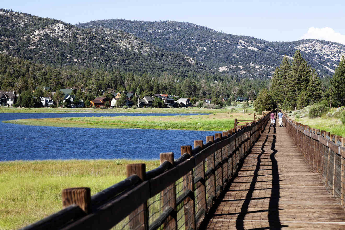 people walking on a wooden bridge over a body of water