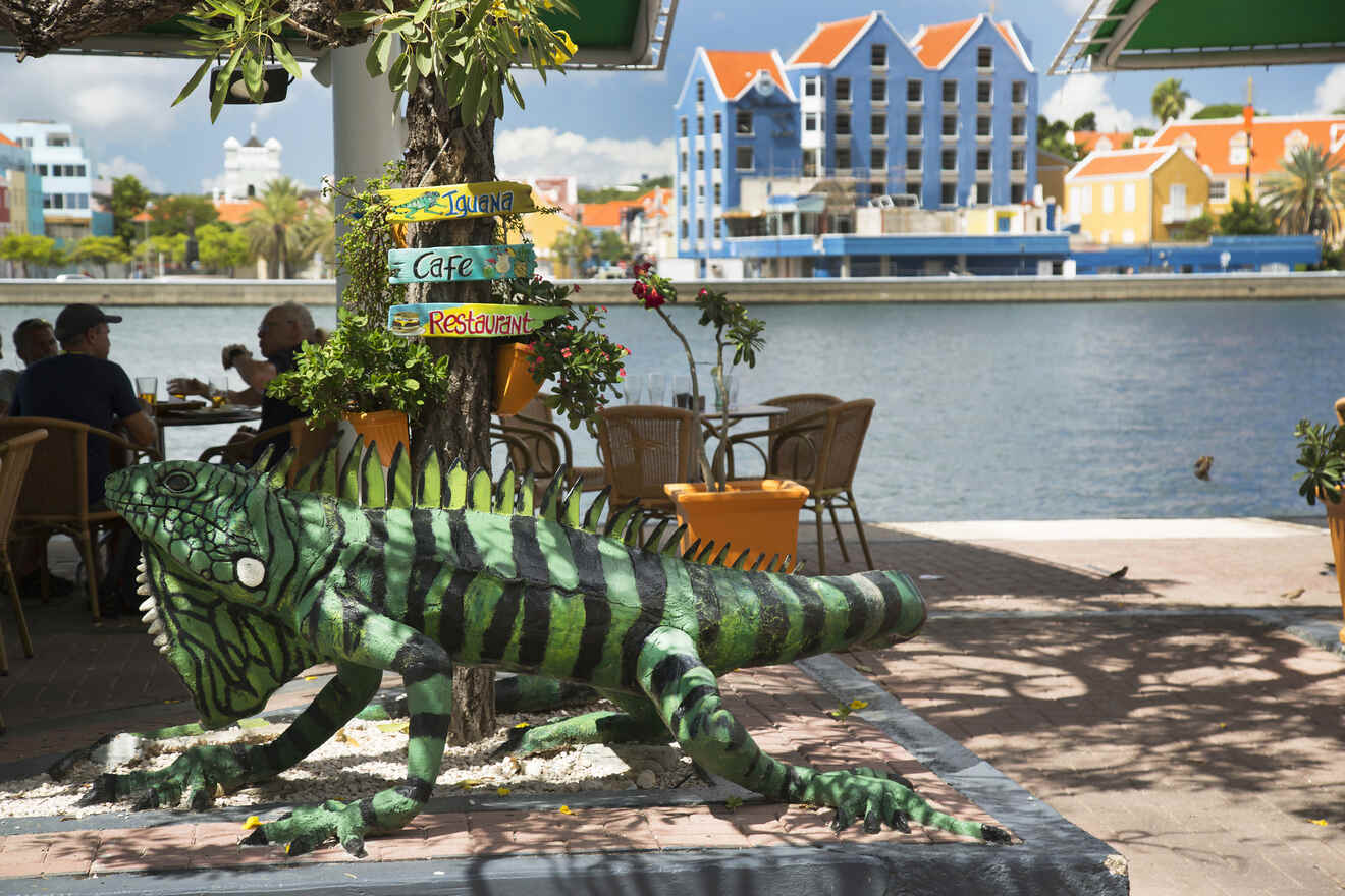 A large green and black iguana statue in front of a waterfront café, with a colorful sign indicating directions to an iguana, café, and restaurant. Colorful buildings and a canal are in the background.