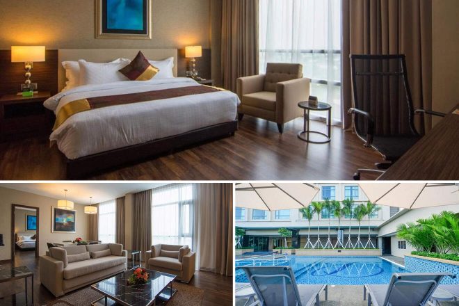 Collage of 3 pics of luxury hotel: A hotel room with a bed, chairs, and a desk, a sitting area with couches and an outdoor pool with lounge chairs and umbrellas.