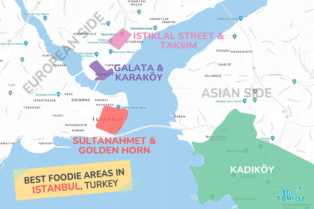 Map of best foodie areas in Istanbul Turkey